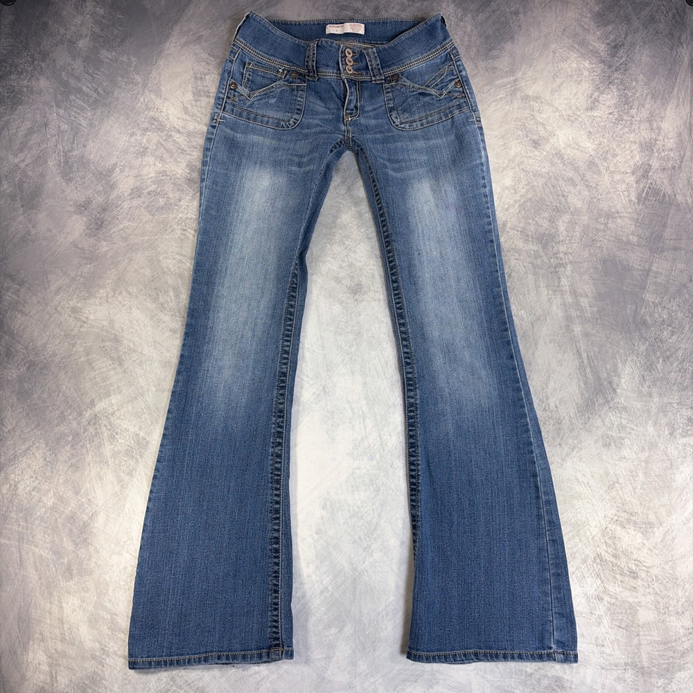 No Boundaries Womens 3 Low Rise Flare Jeans Blue Y2K Triple Button
